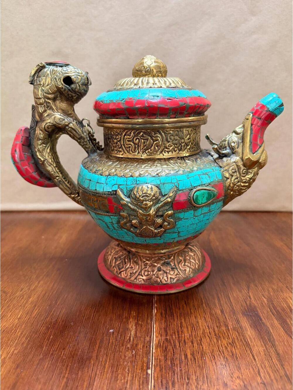 Vintage Brass Teapot With Turquoise & Coral Stone Inlay Made In Nepal
